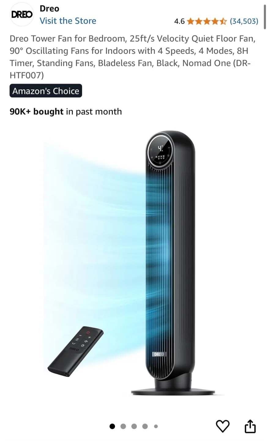Brand new Dreo Tower Fan - with 4 speed remote control thumbnail