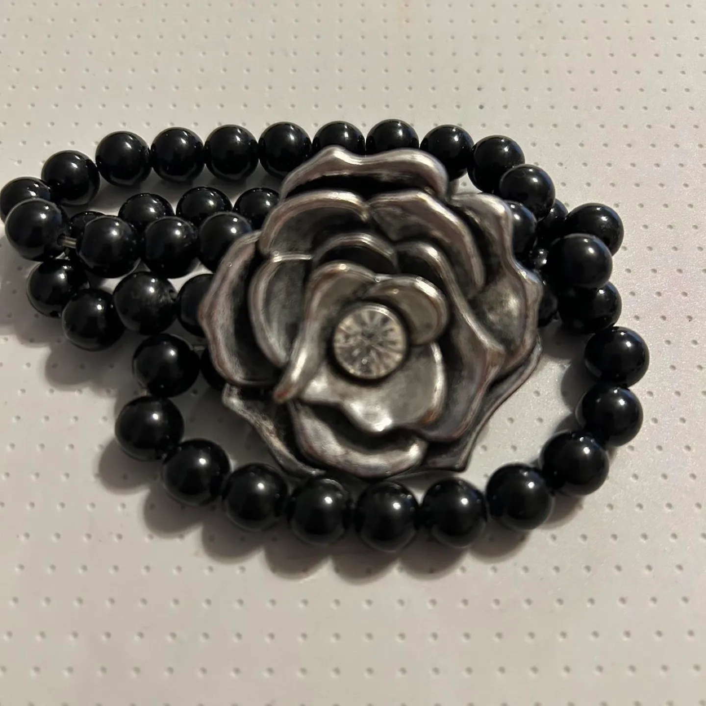 Black Bead Bracelet with Silver Rose thumbnail