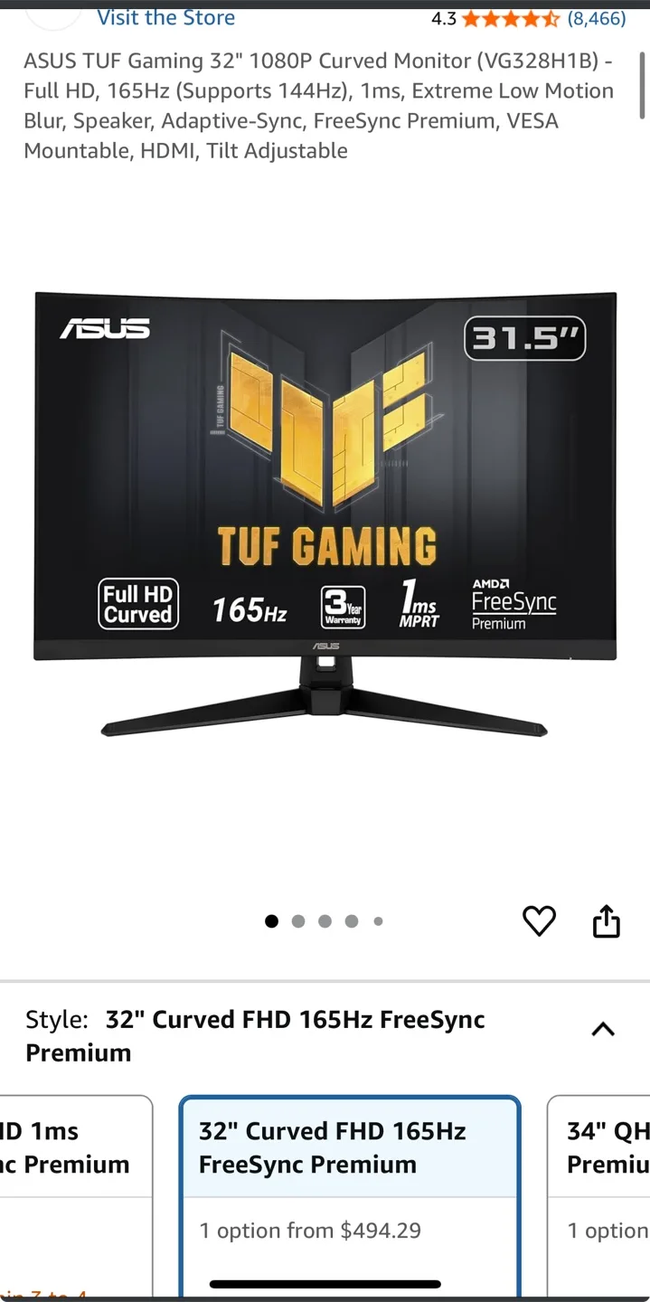 ASUS TUF Gaming 32" 1080P Curved Monitor — Bought for $350 thumbnail