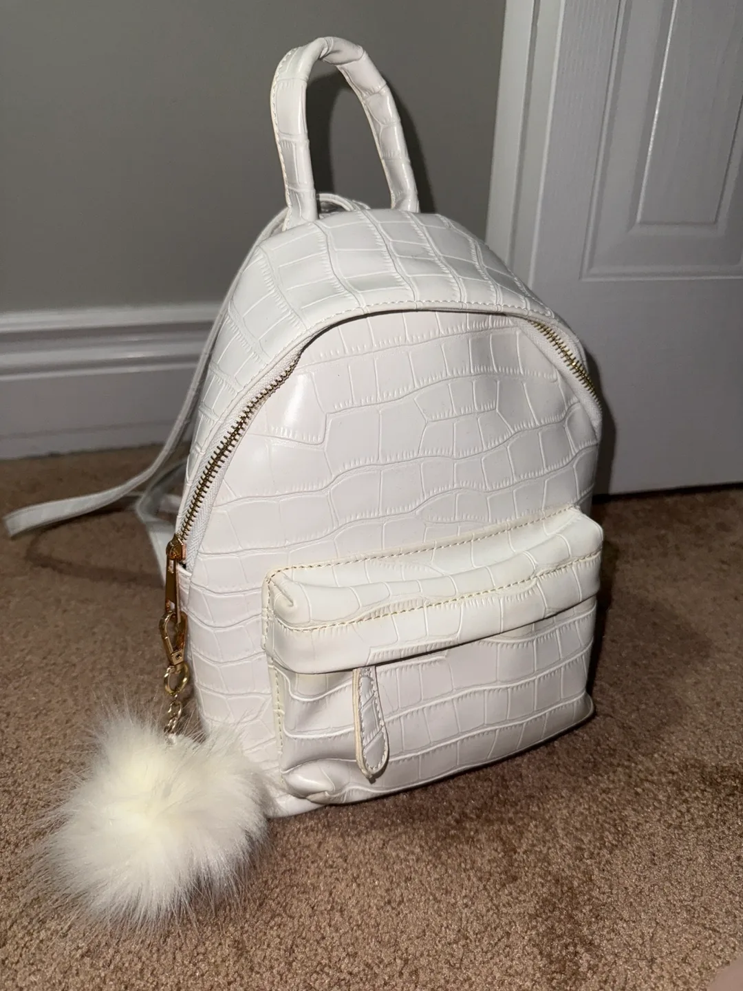 White Mini Backpack with Pom Pom thumbnail