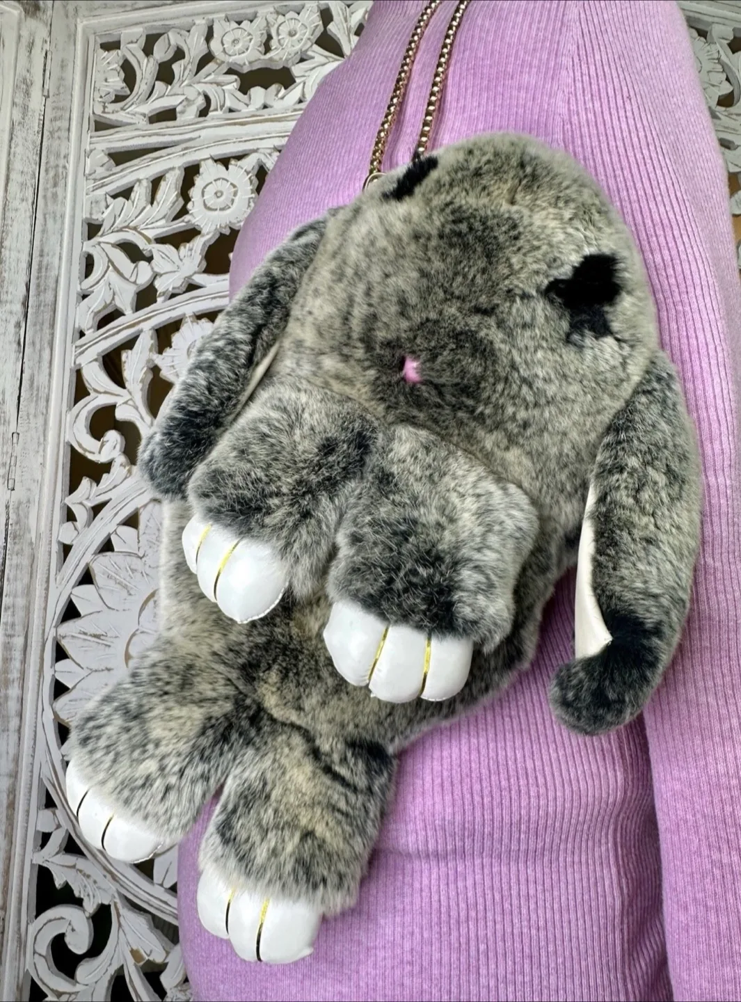 🧡 Plush Fur Bunny Backpack Fluffy Chain Messenger Girl's Bag thumbnail