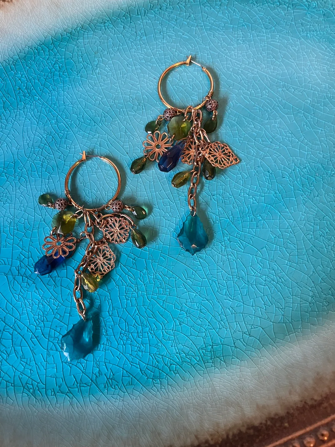 Dangle Earrings - Gold, Blue, Green thumbnail