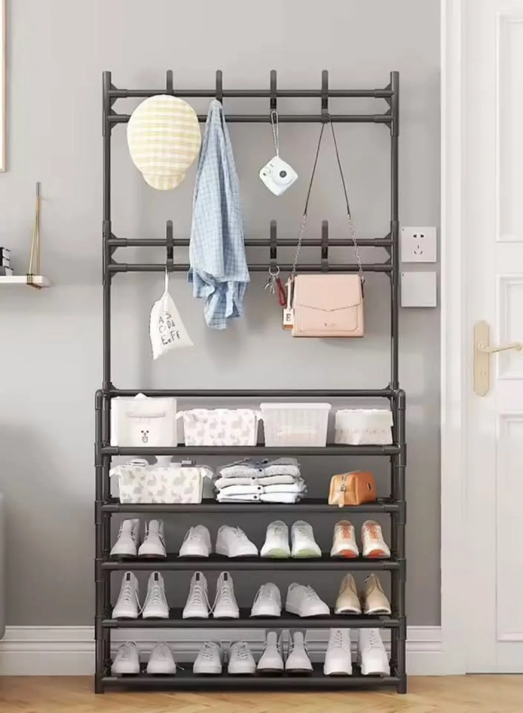 Coat and Shoe Rack Entryway 3-in-1 Metal Hall Tree with 5 Tiers thumbnail