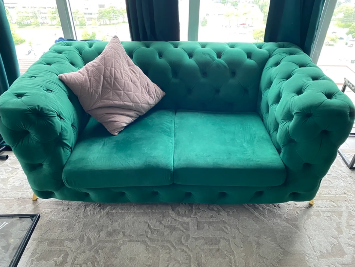 MOVING SALE! 2 Green Velvet Chesterfield Loveseat