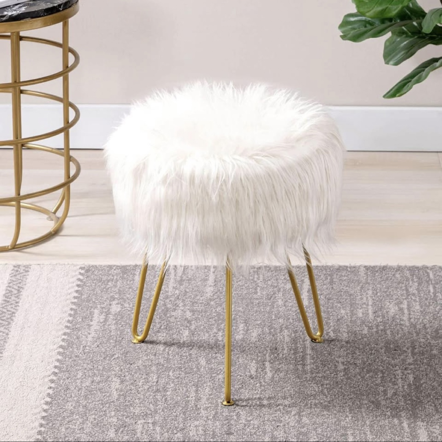 Vanity Fur Ottoman Stool - White & Gold