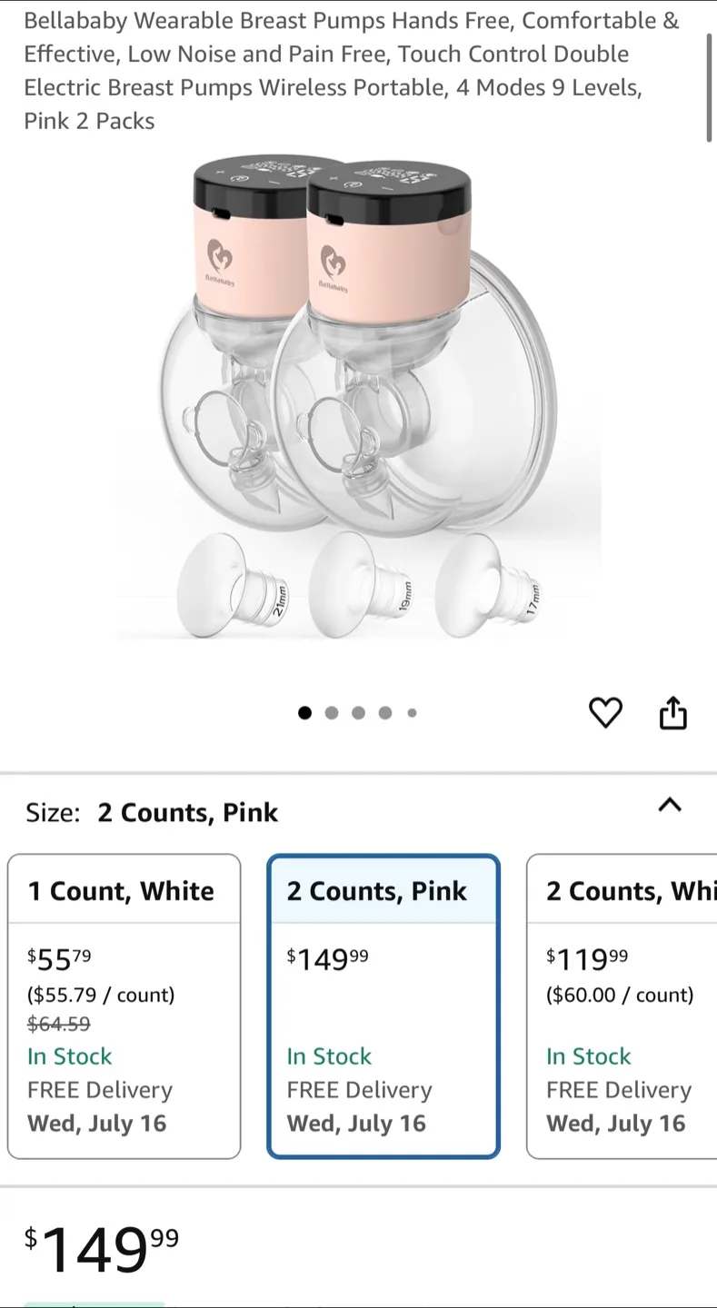 Bellababy Wearable Breast Pumps - 2 Pack, Pink thumbnail