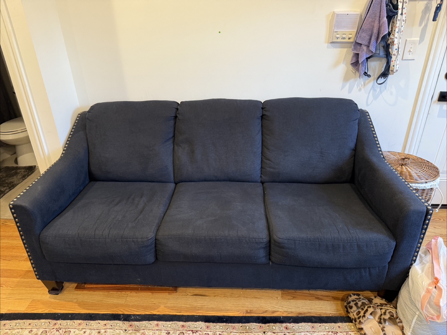3 Seat Blue Couch, Gray Armchair, and Matching Ottoman