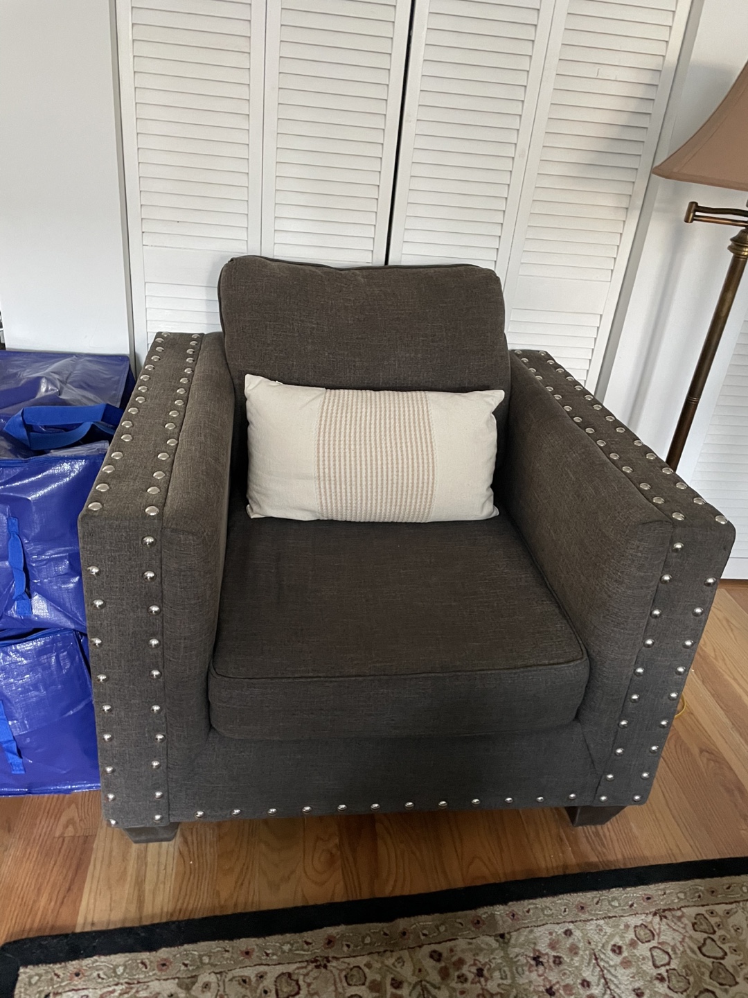 3 Seat Blue Couch, Gray Armchair, and Matching Ottoman - photo 3