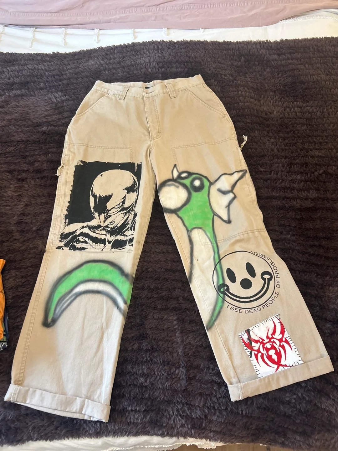 Hand Painted Beige Pants Size 29 thumbnail
