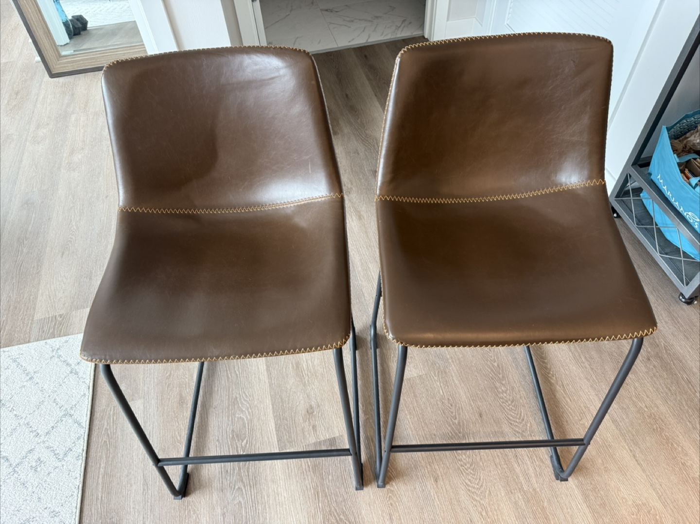 Set of 2 Brown Leather Bar Stools