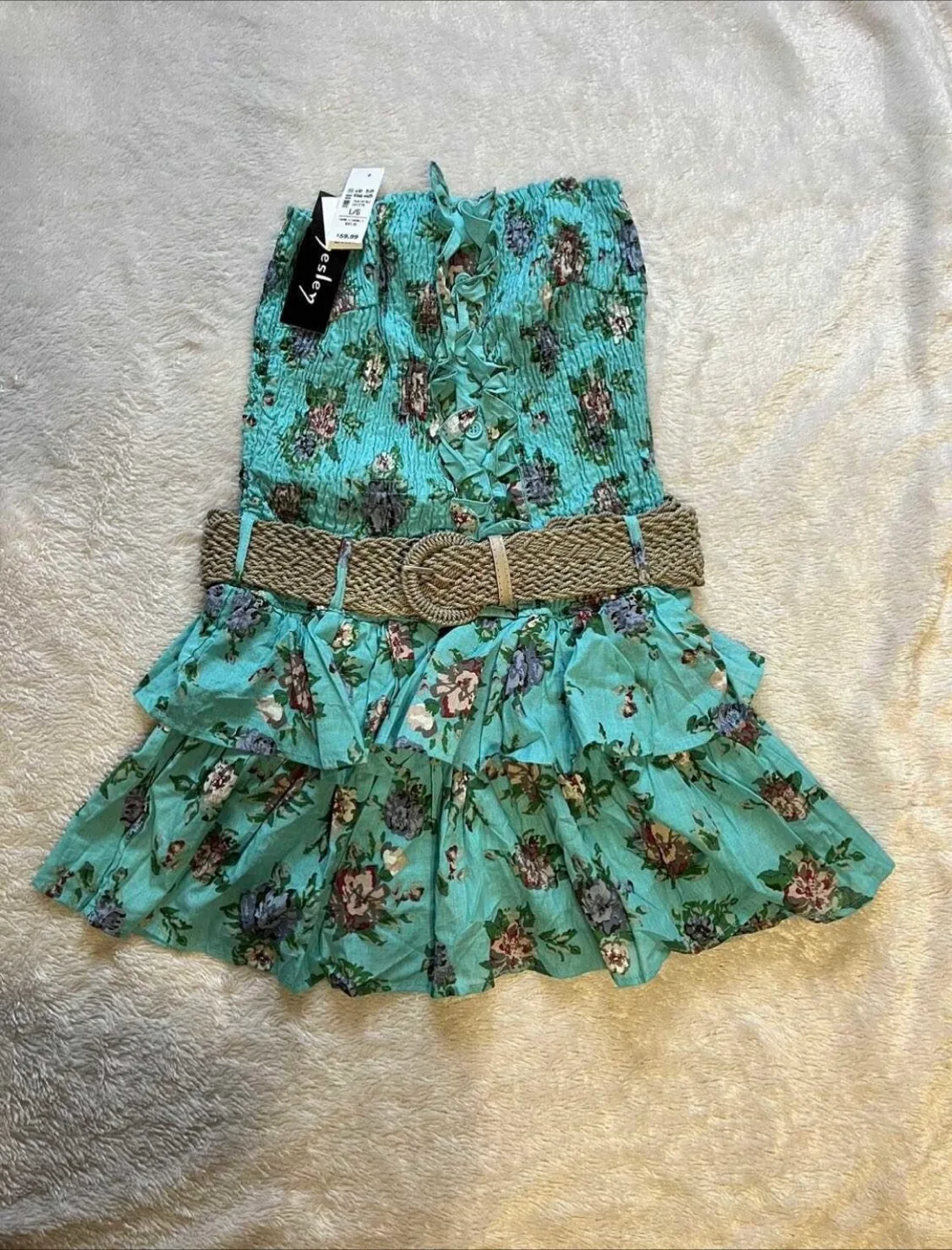 LADIES CHESLEY TEAL FLORAL MINI SUNDRESS WITH BELT (Size Large) thumbnail