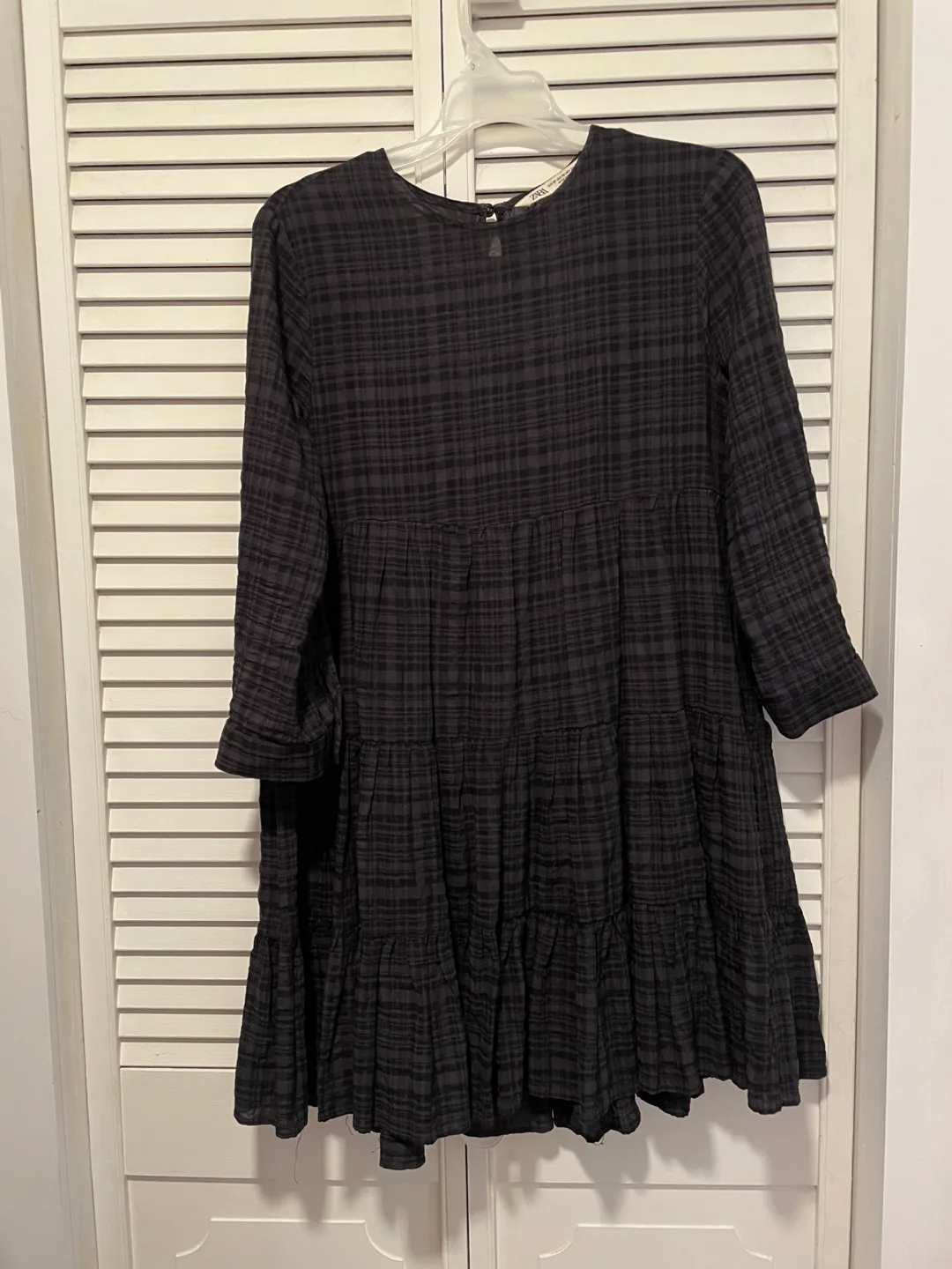 Zara XS Black Plaid Tiered Dress thumbnail