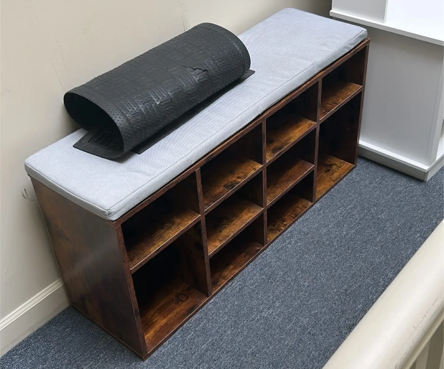 Wooden Shoe Bench with Gray Cushion thumbnail