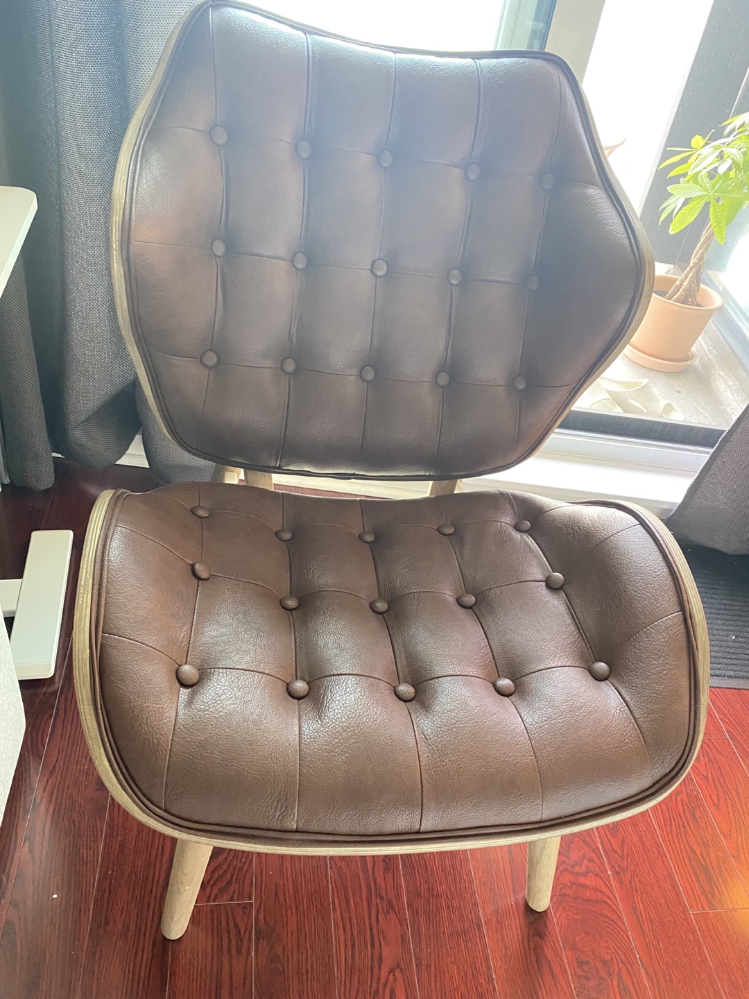 Brown Leather & Wood Accent Chair