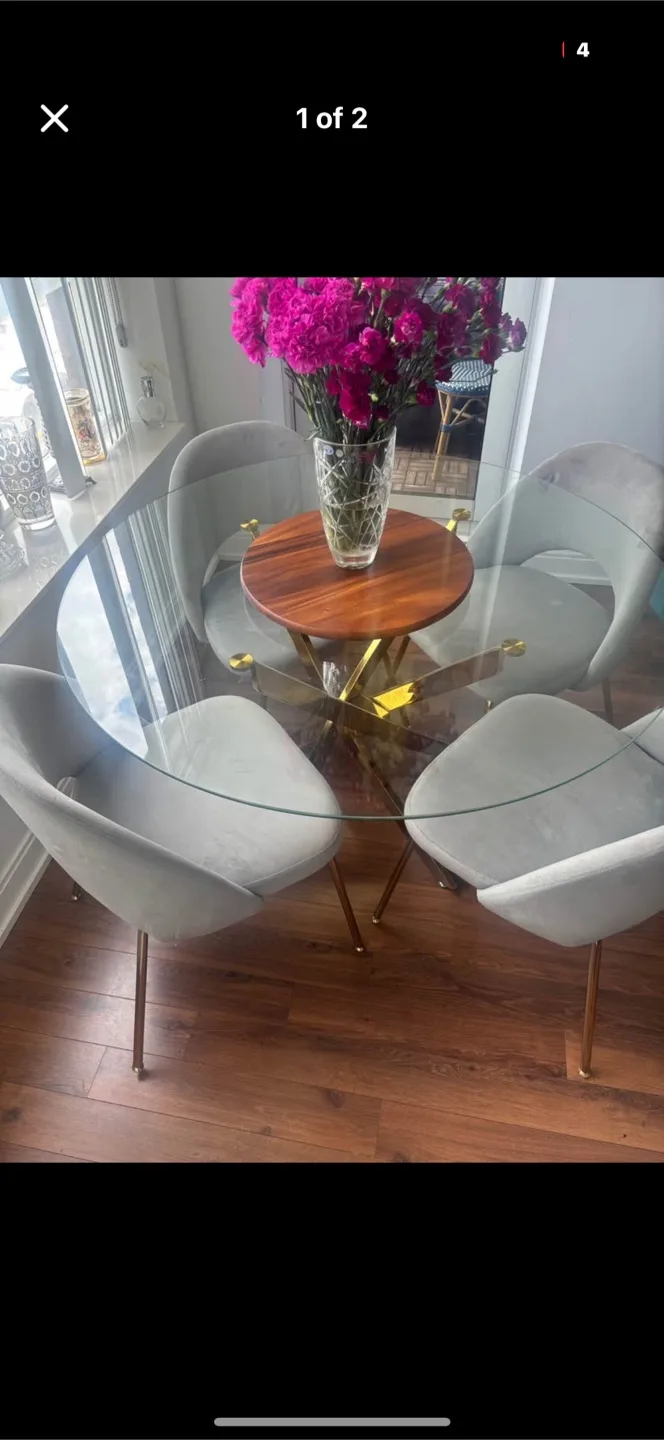 Glass Dining Table with 4 Grey Velvet Chairs thumbnail
