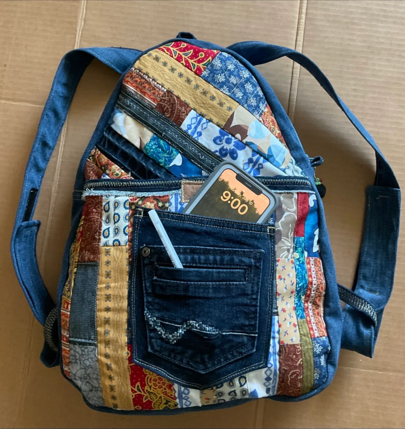 One of a Kind Denim Patchwork Backpack thumbnail