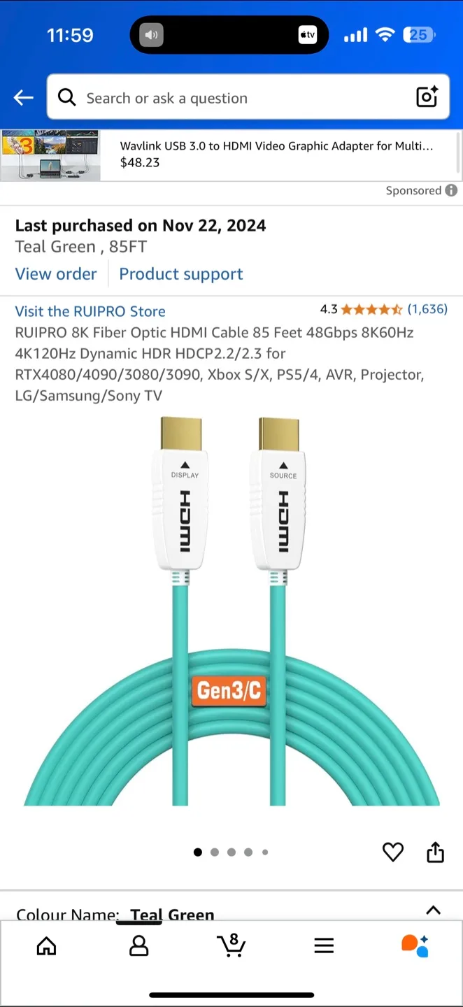 8K Fiber Optic HDMI Cable - 85FT Teal Green thumbnail