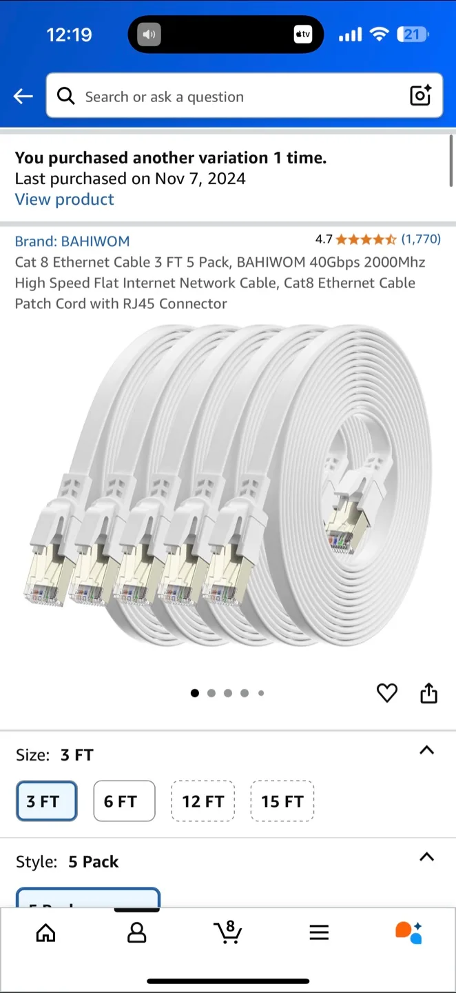 BAHIWOM Cat 8 Ethernet Cable 3 FT 4/5 Pack thumbnail