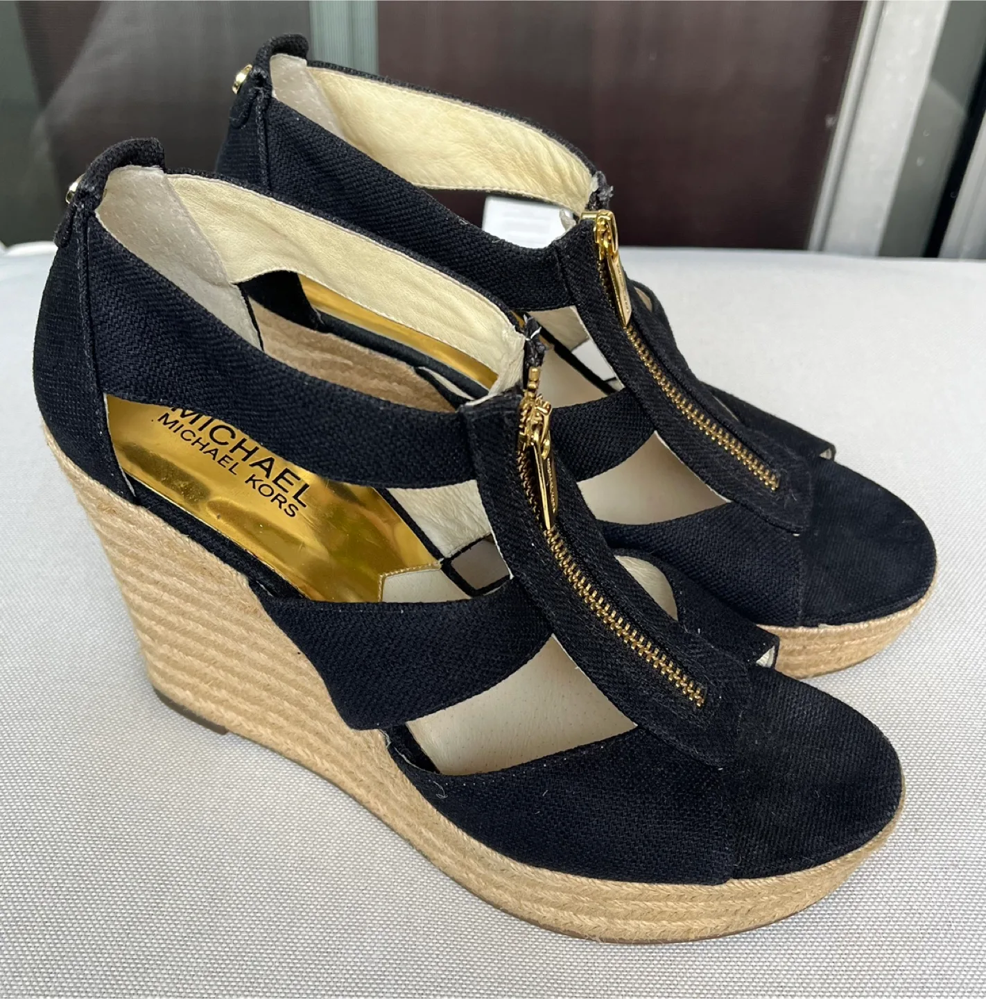 Michael Kors Black Wedge Leather Sandals Size 7.5 thumbnail
