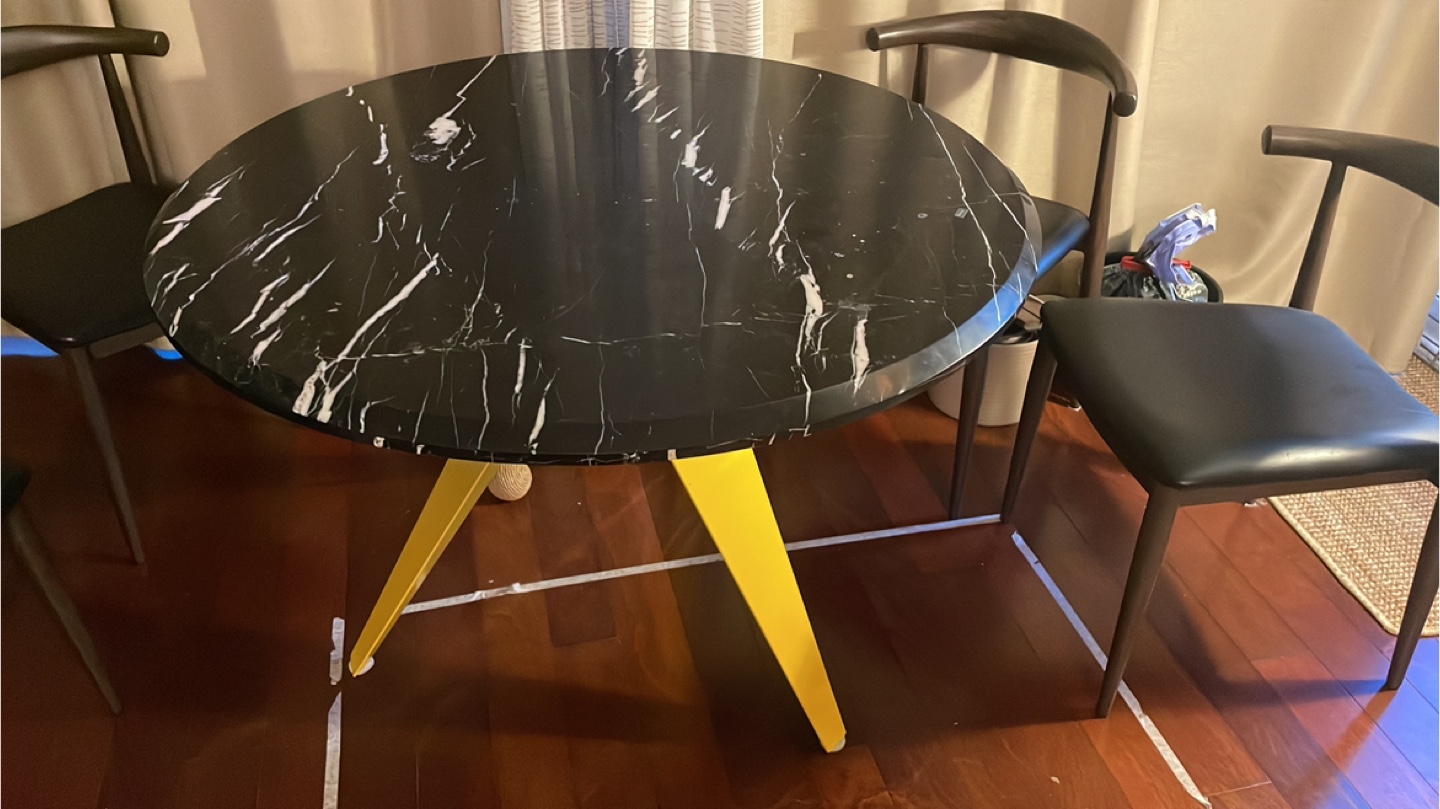 Eq3 Round Marble Dining Table with Yellow Legs