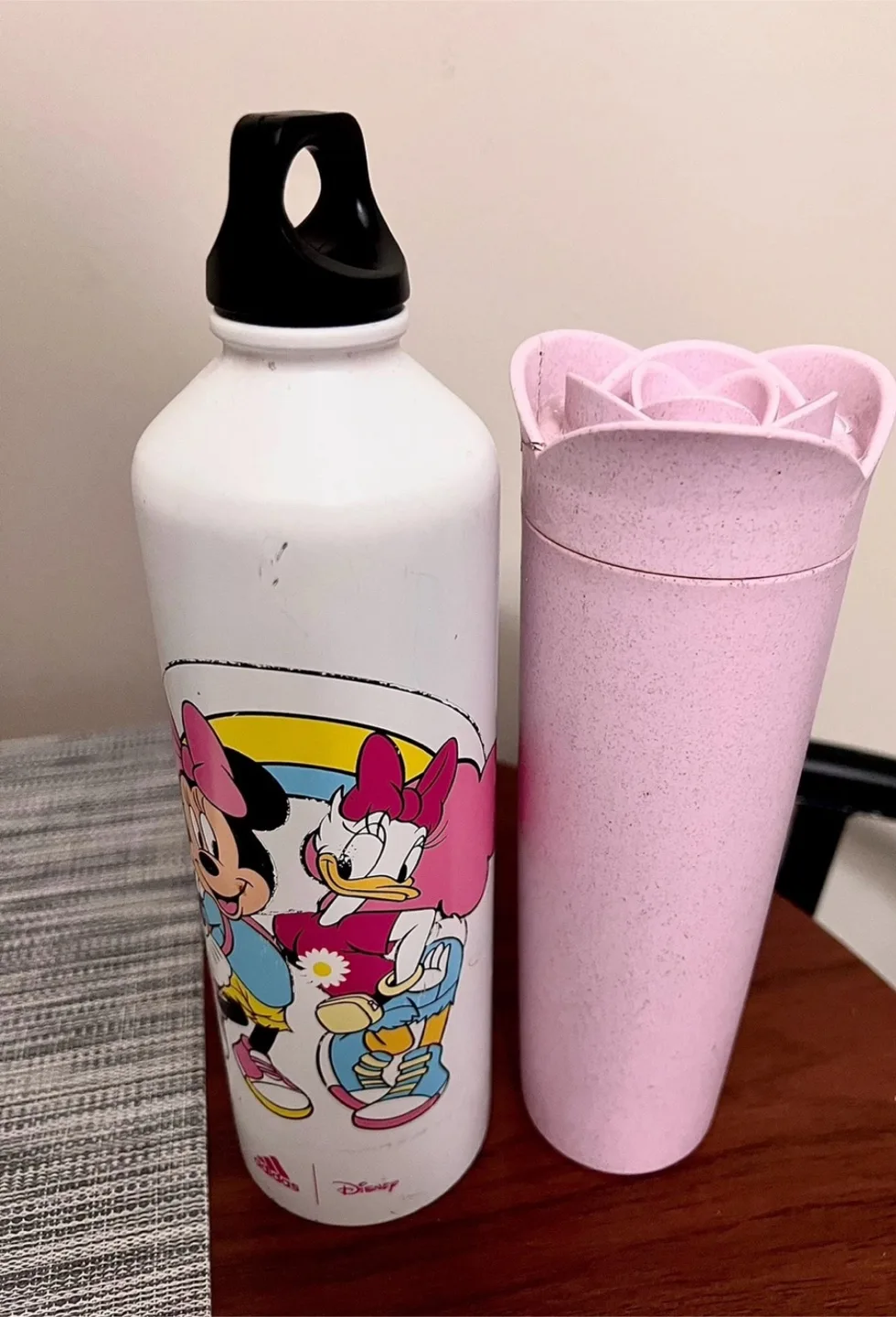 Disney Adidas Water Bottle & Pink Flower Cup thumbnail
