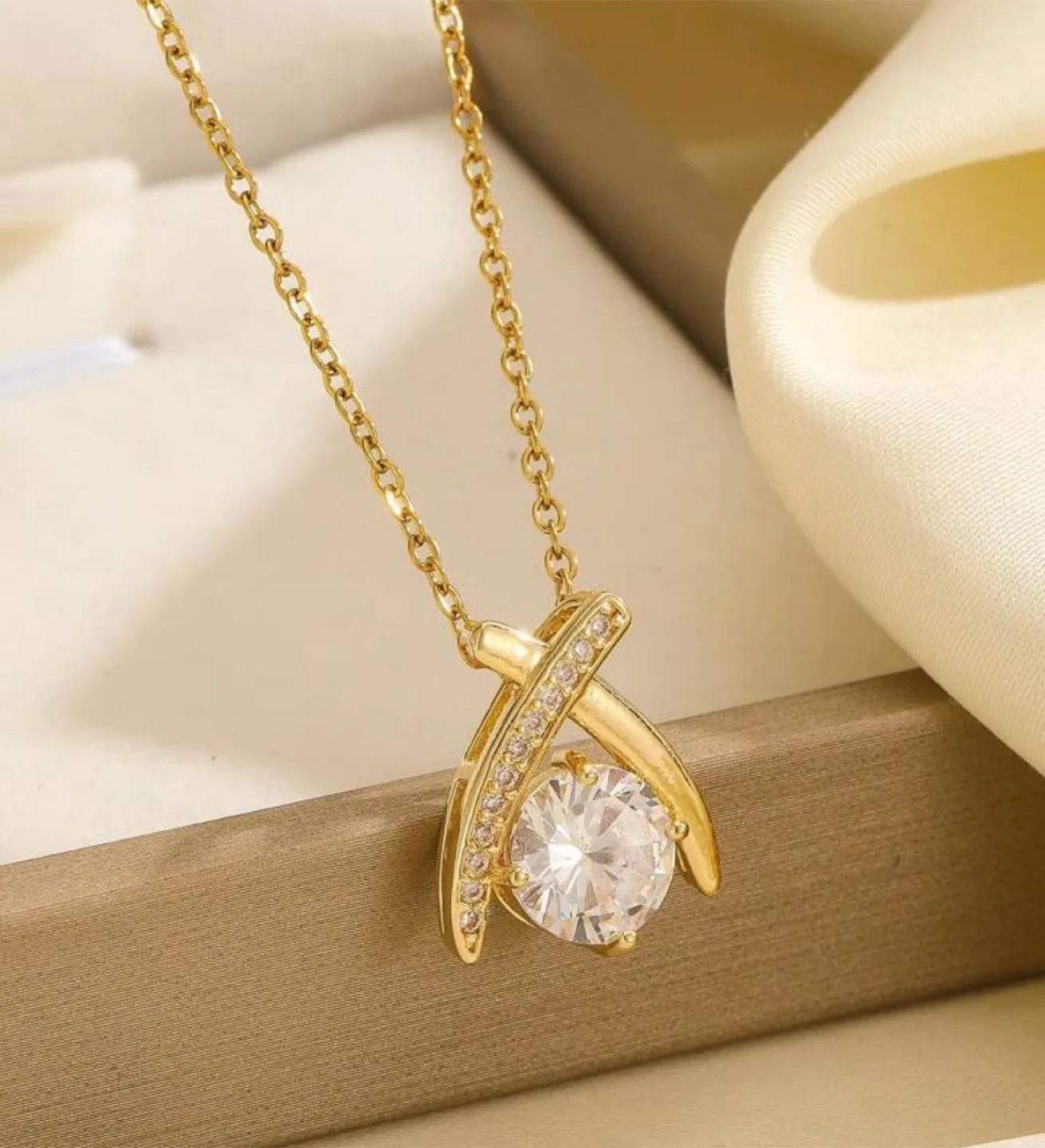 Gold Wishbone Necklace with Crystal Pendant thumbnail