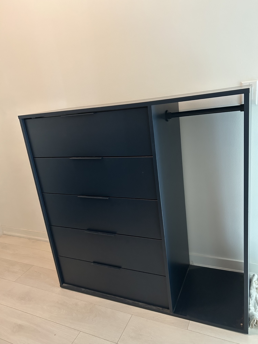 Navy Blue Dresser with Hanging Rack