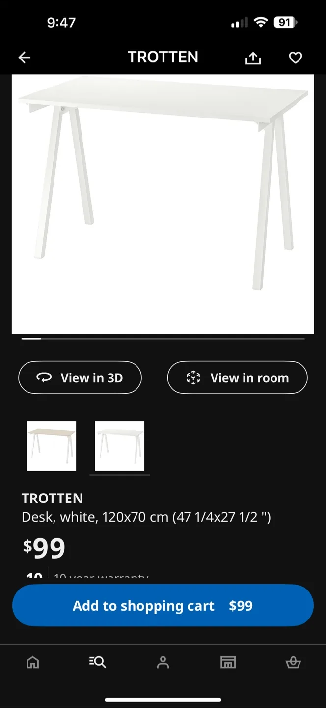 IKEA Trotten Desk - White, 120x70x75 cm thumbnail