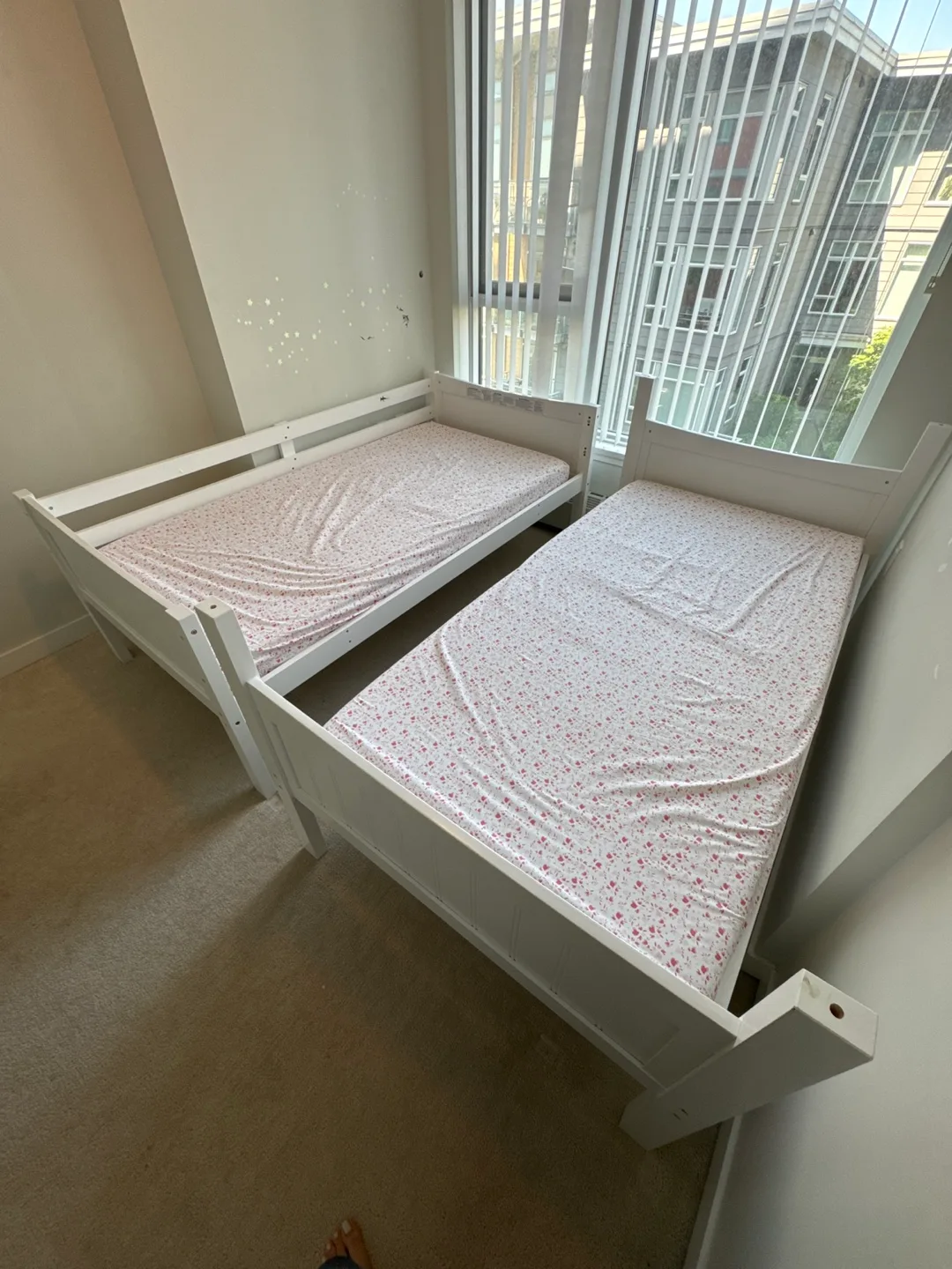 White Wooden single Bed Frame with mattress - 2 beds thumbnail