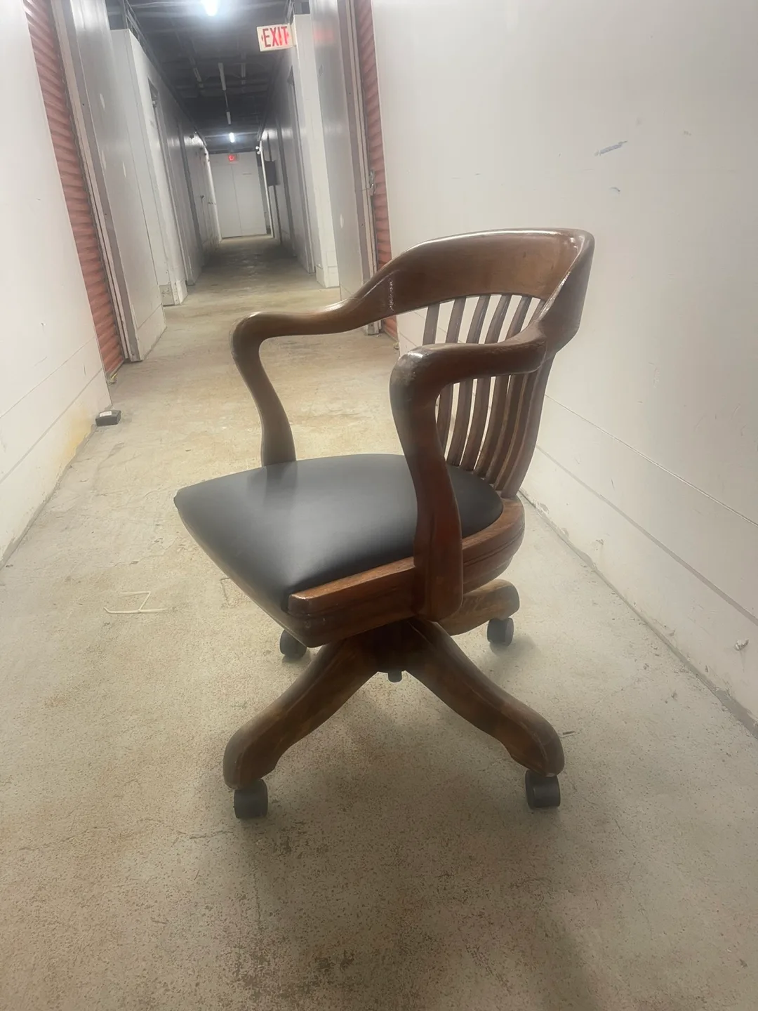 Vintage Wood & Black Leather Office Chair thumbnail