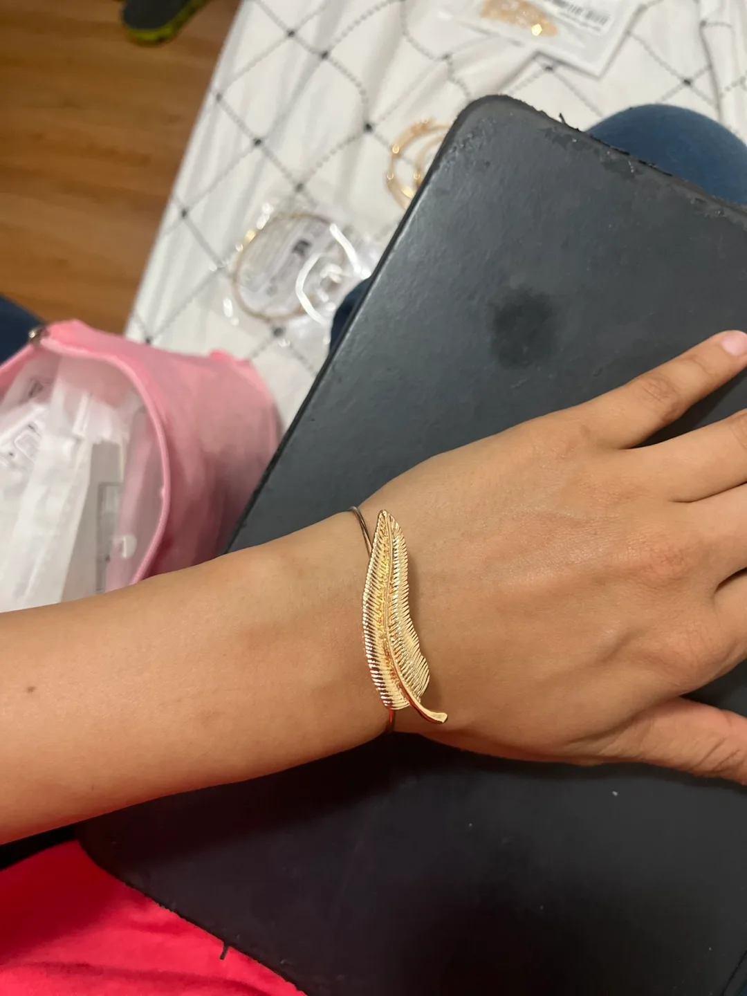 Gold Feather Bangle Bracelet thumbnail
