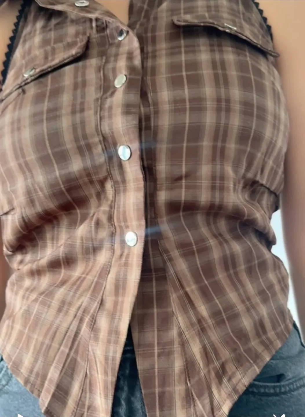 Brown Plaid Halter Top with Lace Trim