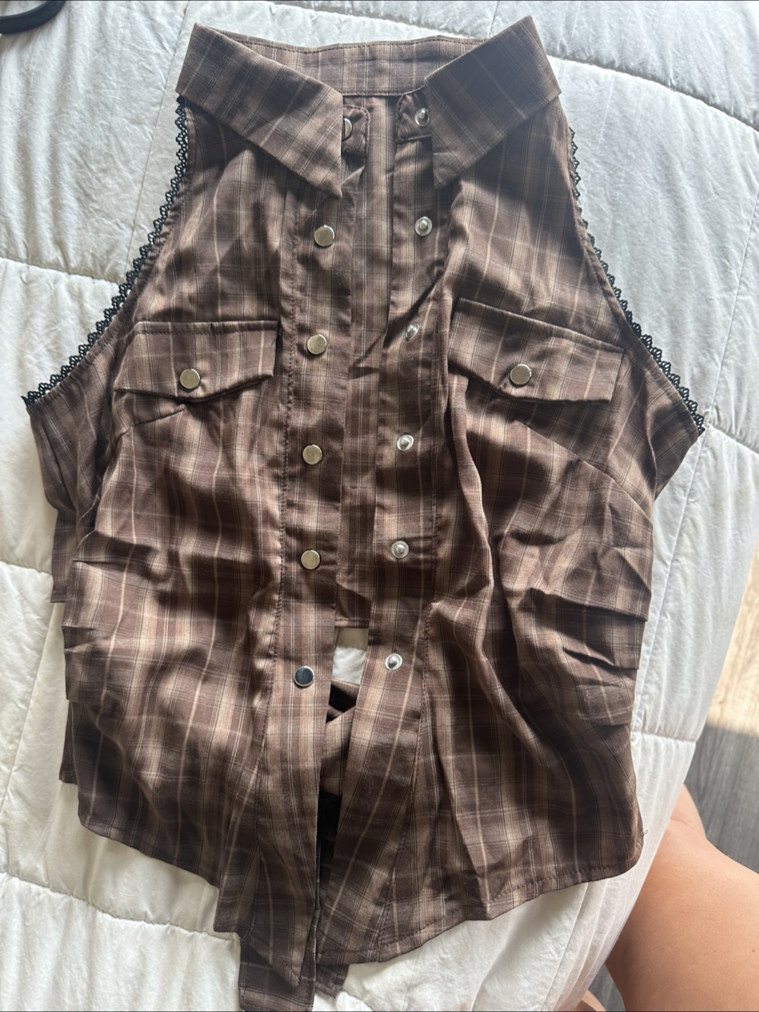 Brown Plaid Halter Top with Lace Trim - photo 3