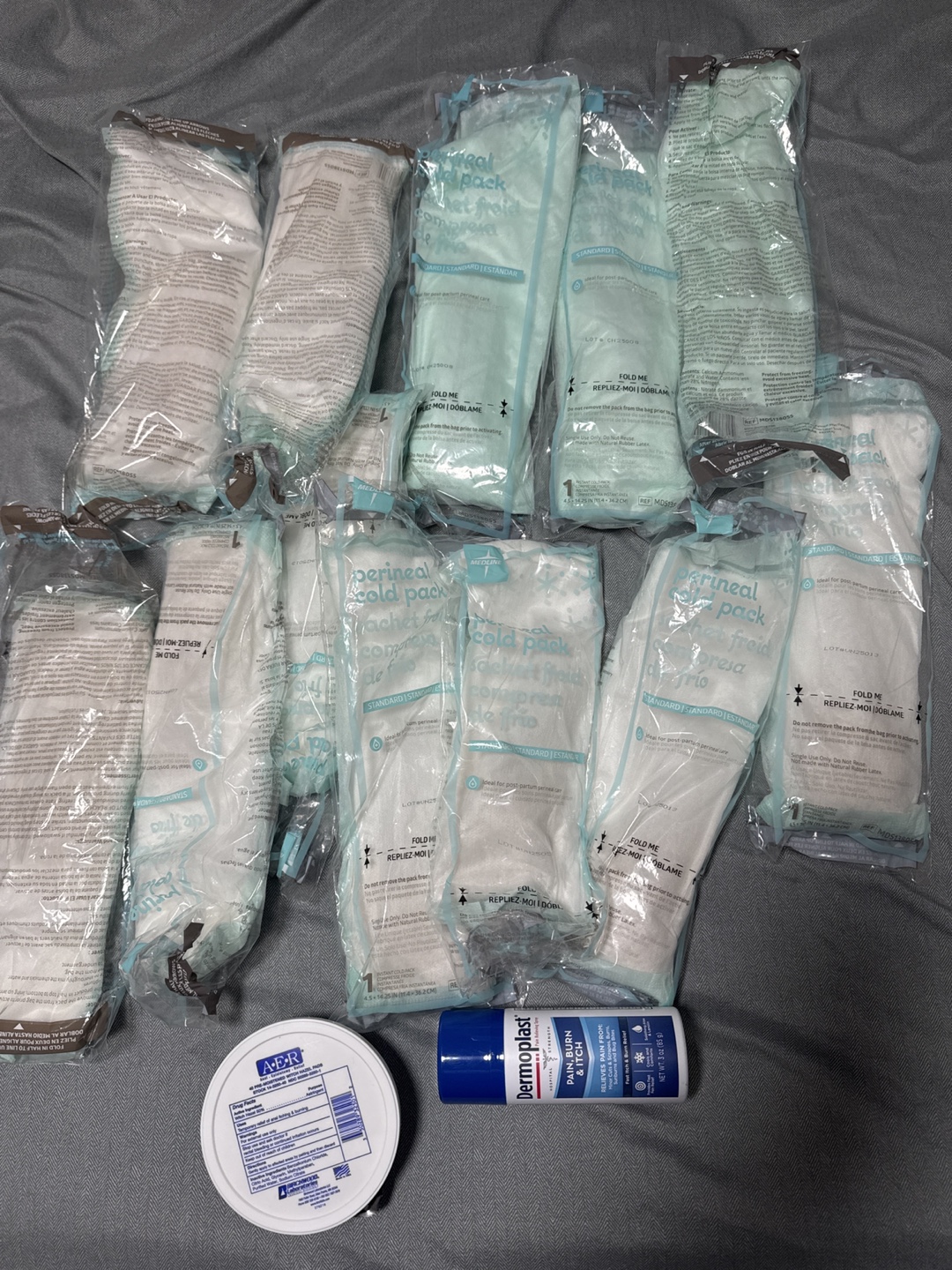 Medline Cold Packs & Dermoplast  spray and witch hazel pads