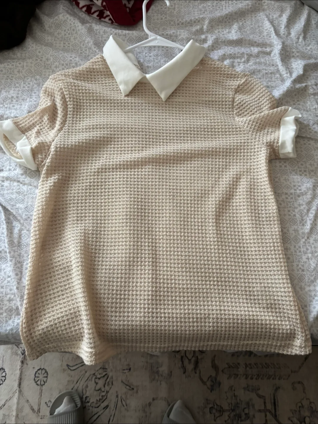 Beige Waffle Knit Top with White Collar thumbnail