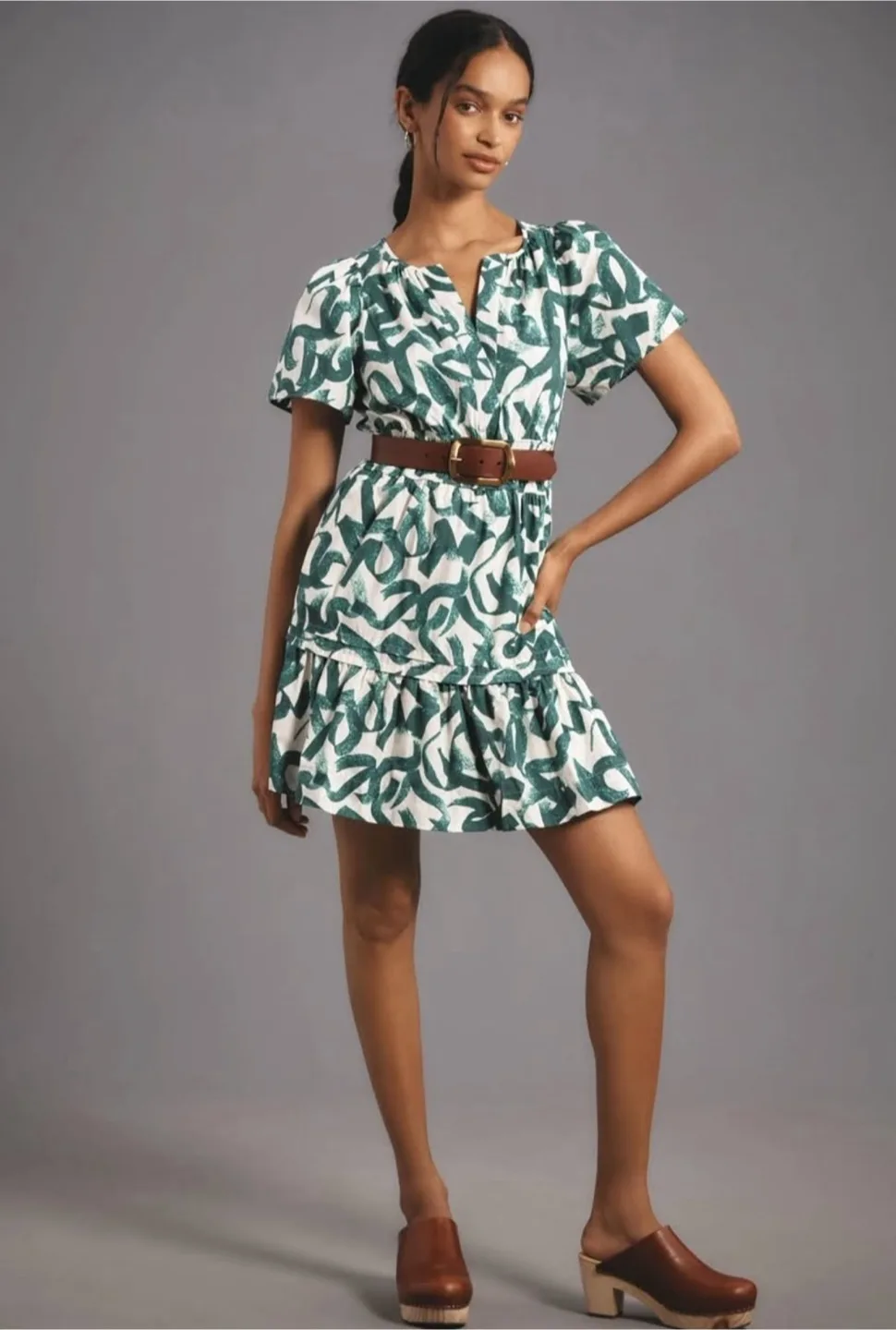 Anthropologie Green Print Mini Dress - Size XS 🇨🇦 thumbnail