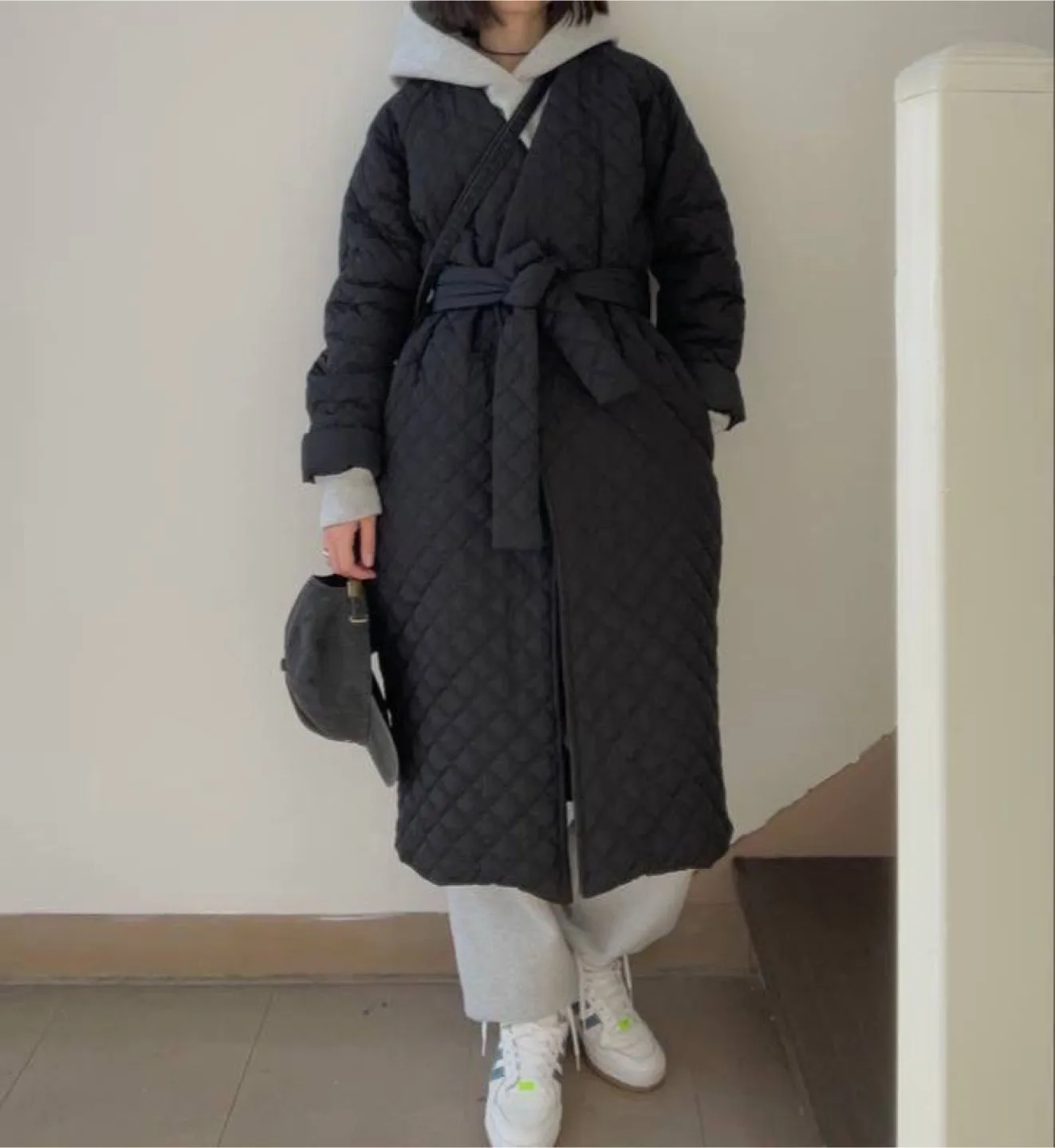 Black Quilted Long Coat with Belt, size S-M thumbnail
