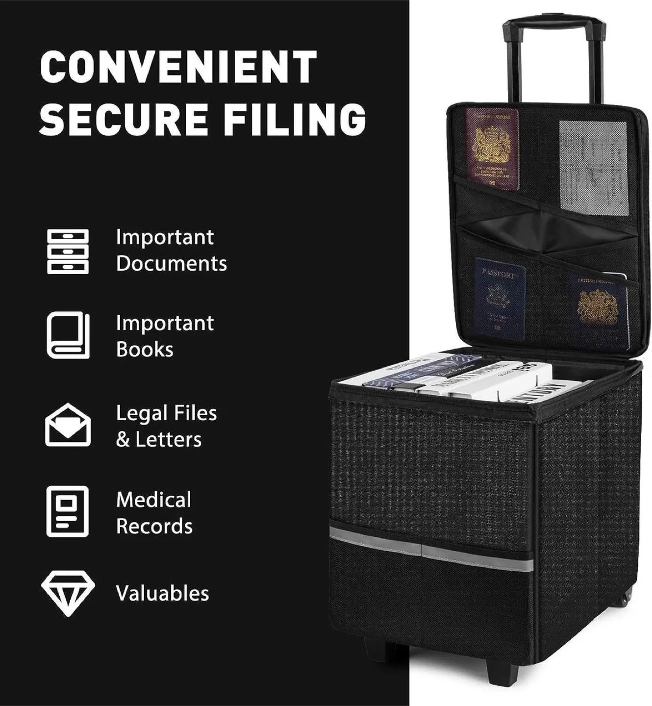 Fire&water proof File Box with Wheels and Telescopic Handle image indicator(7)