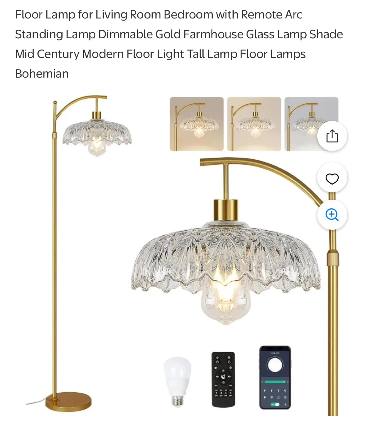 Gold Arc Floor Lamp with Glass Shade thumbnail