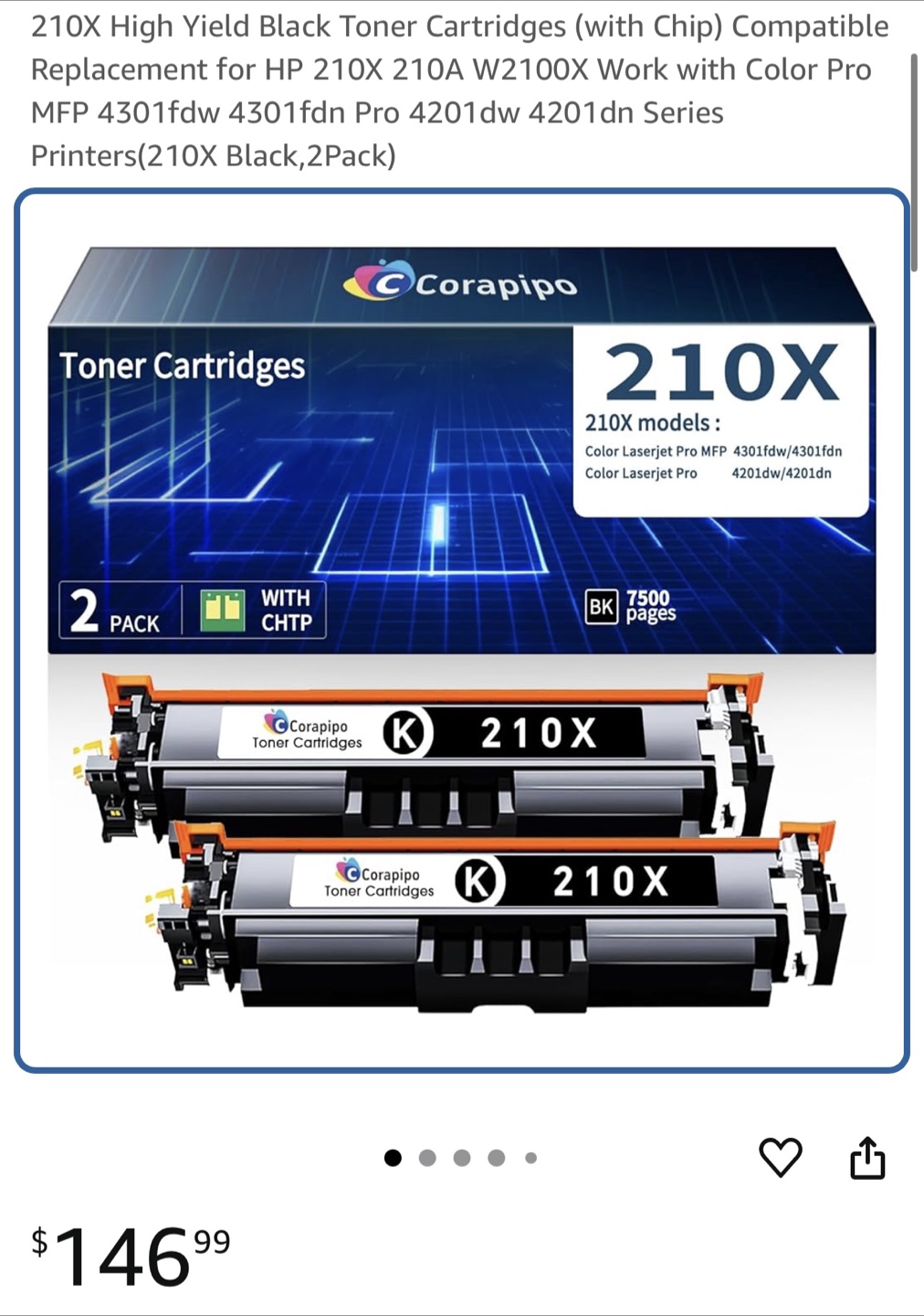 Corapipo 210X Black Toner Cartridge 2-Pack