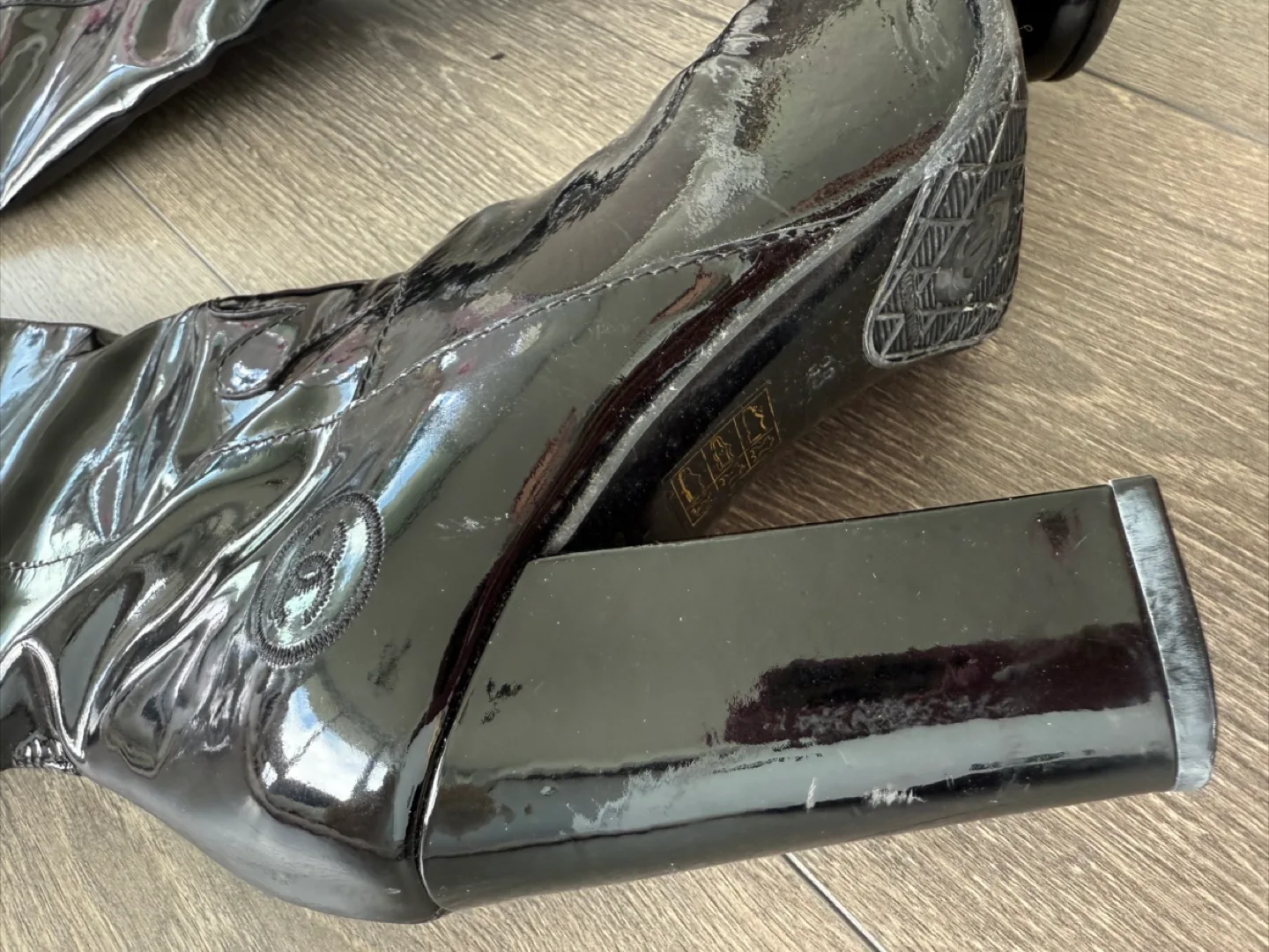 Chanel Black Patent Leather Knee High Boots image indicator(5)