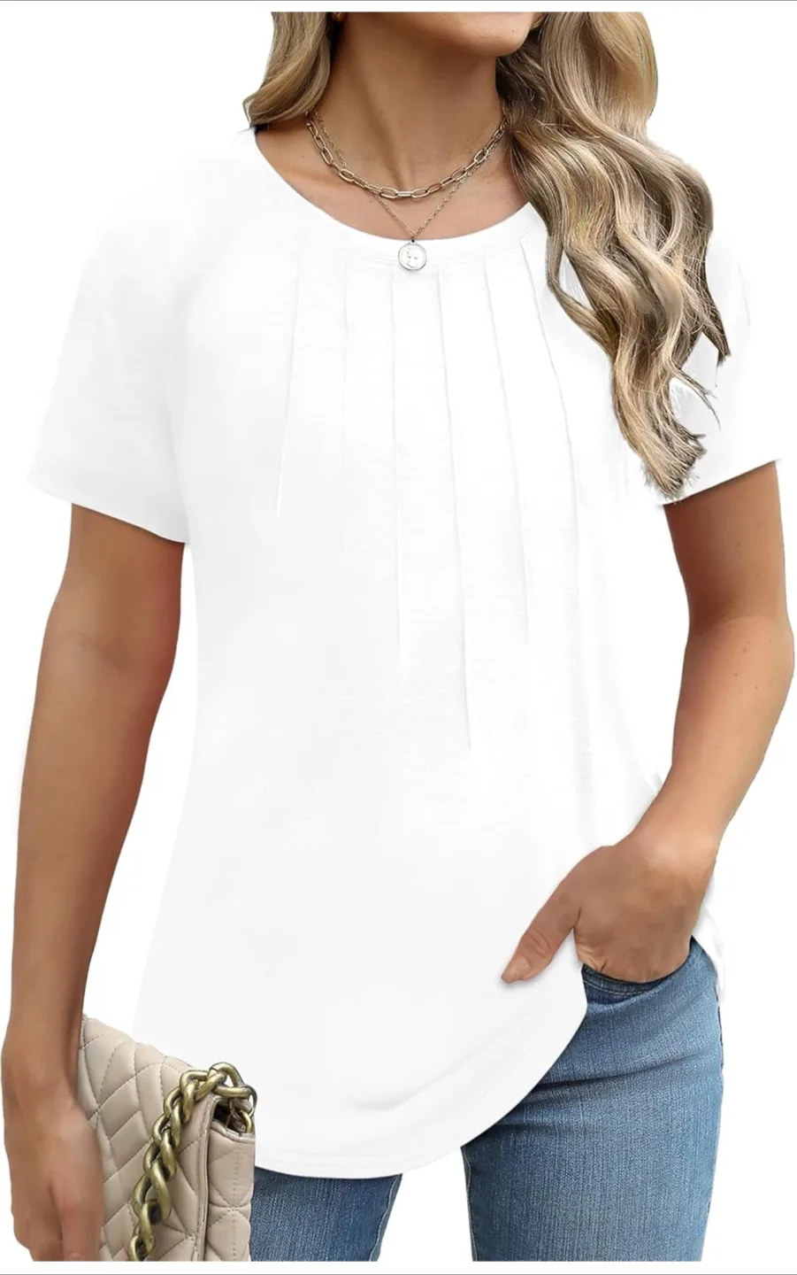 Elesomo White Pleated Crew Neck Tunic Top thumbnail
