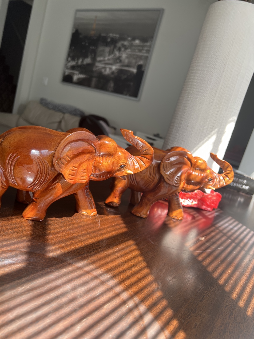 Set of 2 Hand-Carved Wooden Elephants