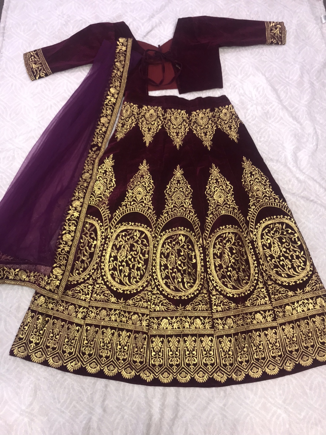 Burgundy Velvet Lehenga Choli Set - photo 4