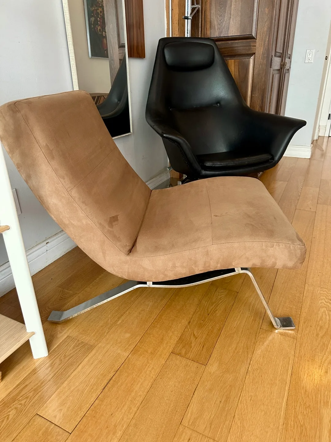 POST MODERN CHROME & TAN SUEDE LOUNGE CHAIR MODERNIST LOUNGER thumbnail