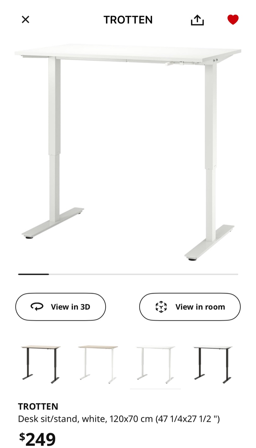 IKEA Trotten Desk Sit/Stand - White, 120x70cm