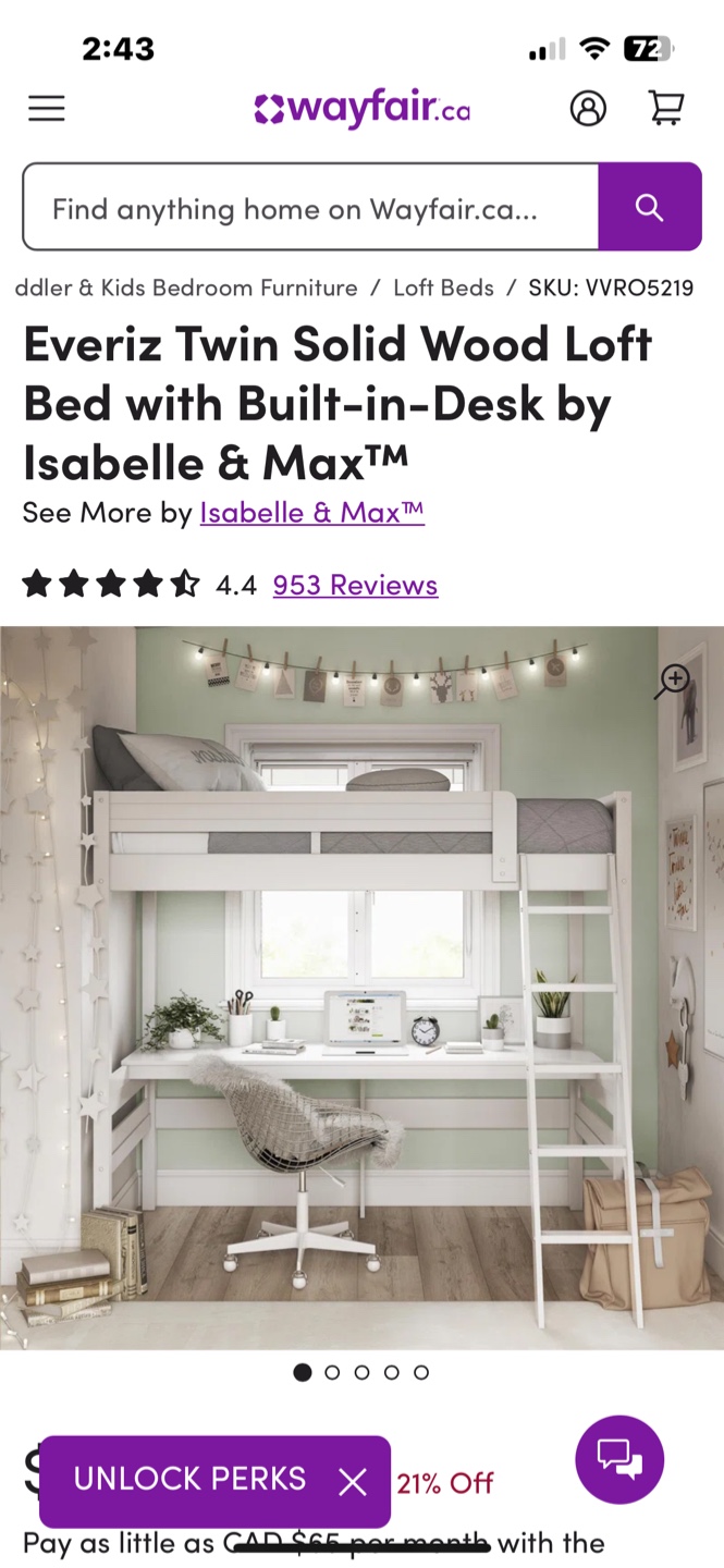 Everiz Twin Solid Wood Loft Bed with Desk