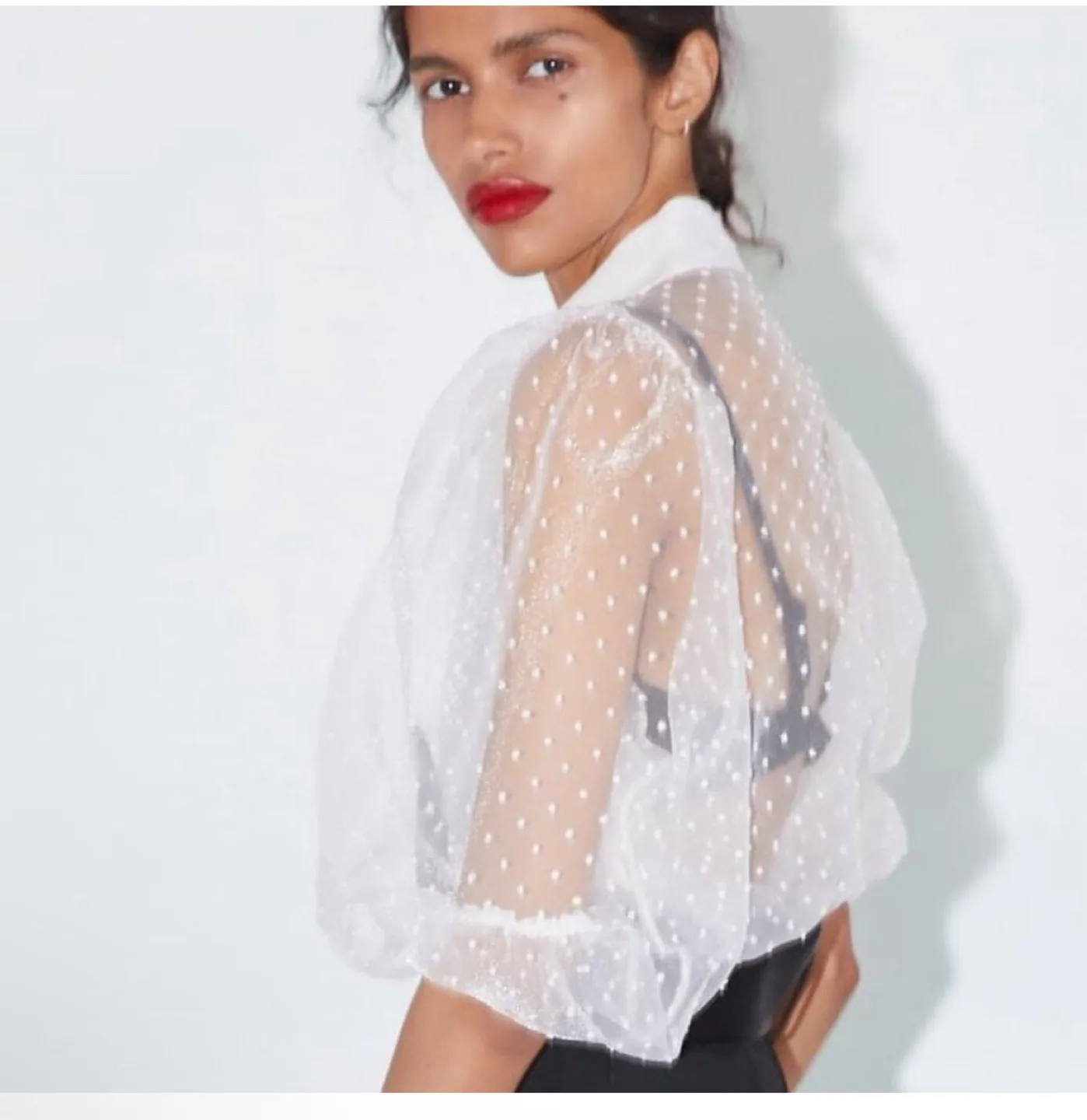 Zara White Swiss Dot Organza Blouse 🇨🇦 thumbnail