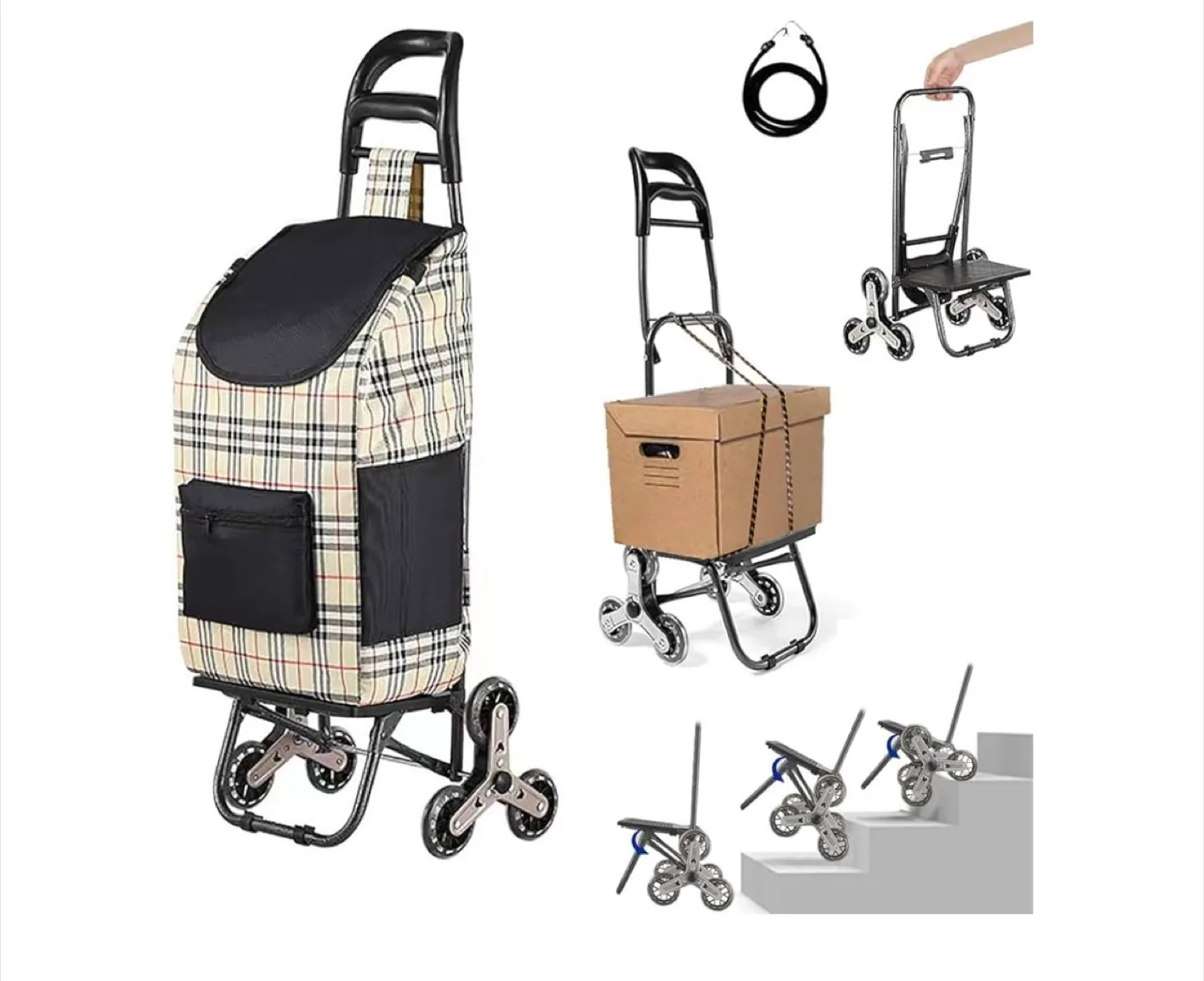 Stair Climbing Shopping Cart with Plaid Bag thumbnail