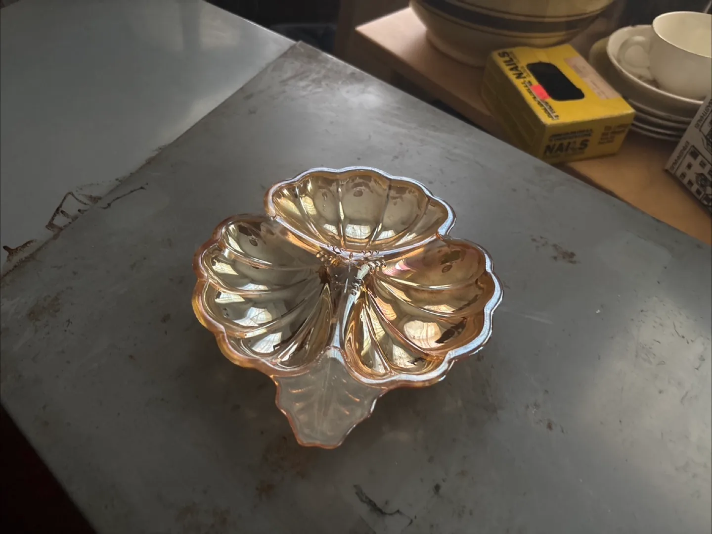 Vintage Iridescent Glass Cloverleaf Candy Dish thumbnail